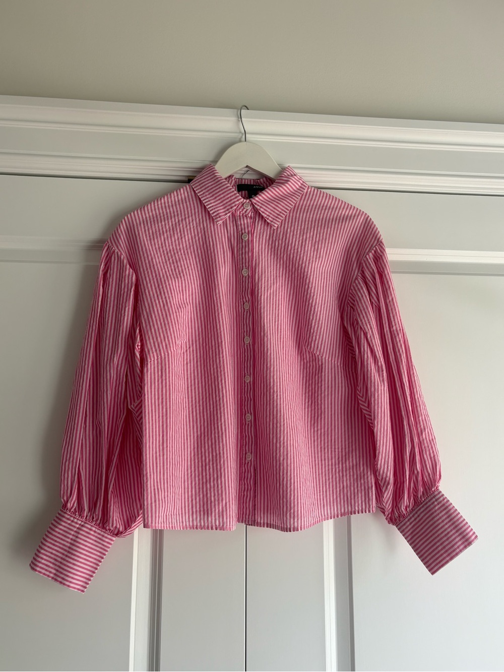 Aqua Striped Puff Sleeve Button Down